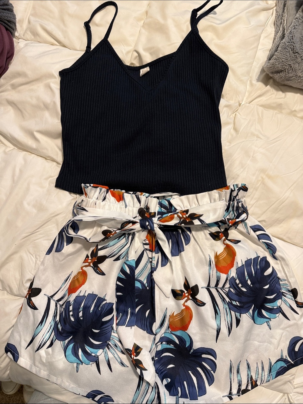 Classic blue Ribbed V-Neck Camisole with high waisted shorts